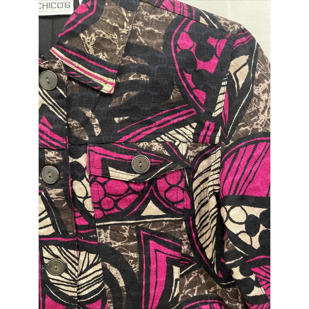 Chico's size 0 pink/black/beige Cotton button Front jacket, 3/4 sleeves Lined - Picture 4 of 14